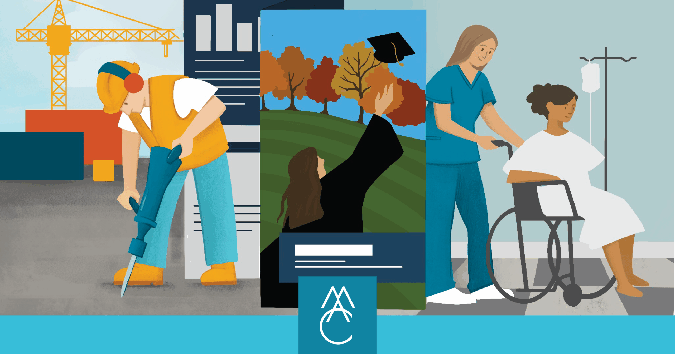 Three cartoon characters preform different jobs: construction, student, and nurse.